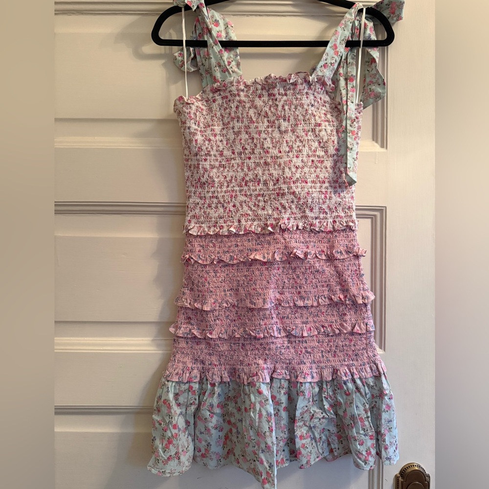 LoveShackFancy Floral Ruffle Mini Dress in Pink